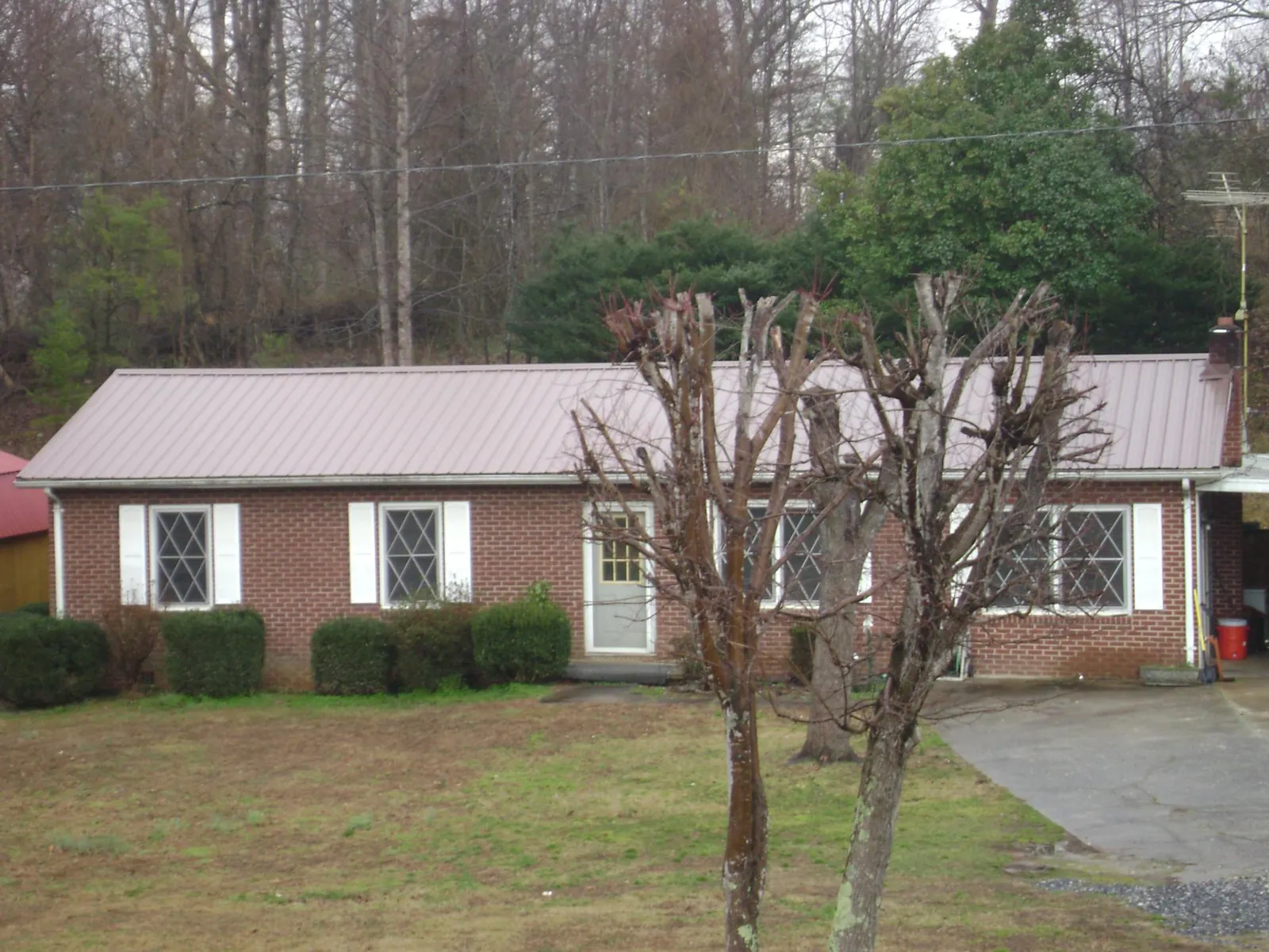 Mauve metal roof on a brick ranch home behind bare trees in Saint Louis